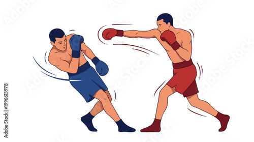 Two boxers sparring in dynamic bout, blue shorts boxer delivering a punch to the red shorts opponent in a boxing scene