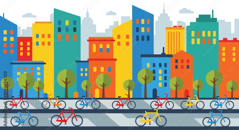 Naklejka premium Colorful cityscape with bicycles and buildings