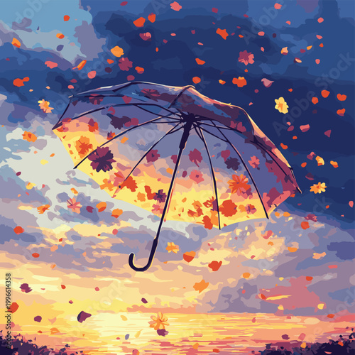A beautiful umbrella surrounded by colorful petals against a sunset backdrop, evoking feelings of joy and tranquility.