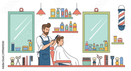 Man getting haircut at barbershop chair.