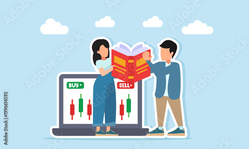 man and woman reading books near laptop with candlestick chart trading interface illustration of learning how to trade stocks effectively and correctly