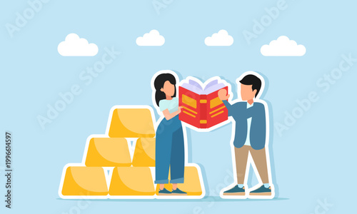 man and woman reading books near gold stacks illustration of learning how to invest business assets correctly