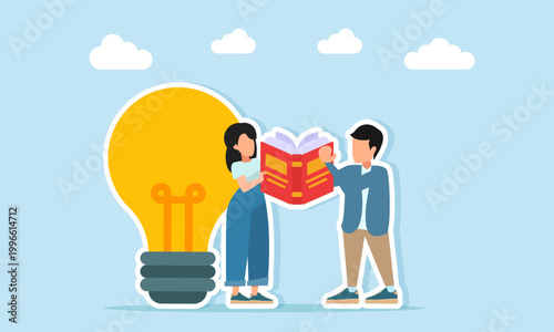 man and woman reading books near lamp illustration of learning how to generate and implement relevant ideas effectively