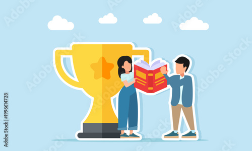 man and woman reading books near trophy illustration of learning how to maintain status as a leading company