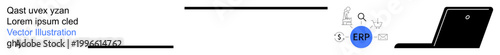 ERP solutions, digital transformation, business tools, data management, software workflow, core processes. Visual of ERP components with a connected laptop. ERP solutions and digital transformation