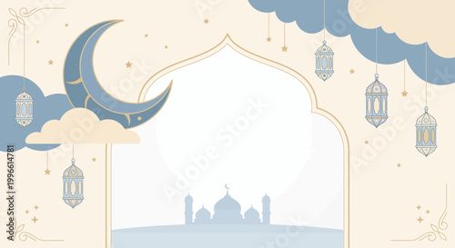 Soft pastel Islamic New Year greeting background with crescent moon clouds stars and delicate lanterns in gentle flat vector style