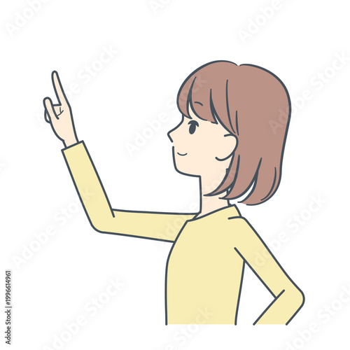 真横を向いて上を指さす若い女性のイラスト　上半身