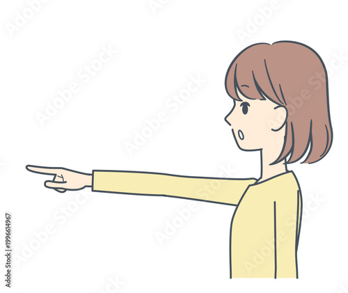真横を向いて指をさす若い女性のイラスト　上半身