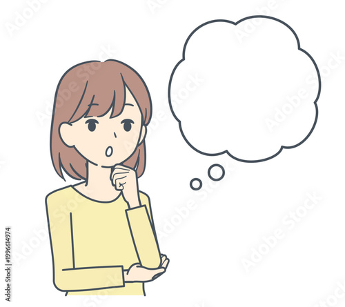 吹き出しと、あごに手をあてて考え込む若い女性のイラスト　上半身