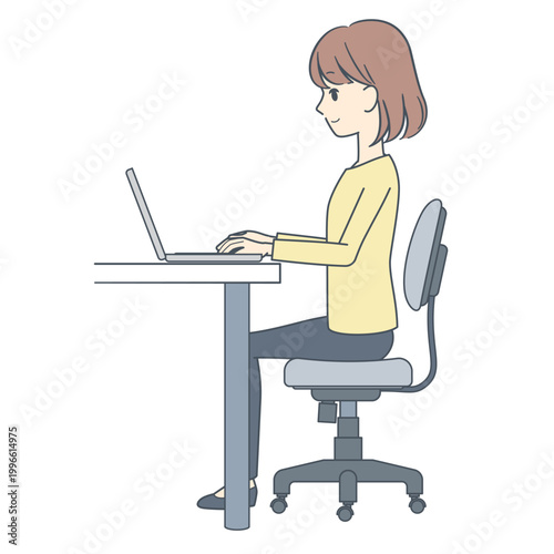 真横から見た、ノートパソコンで作業する若い女性のイラスト