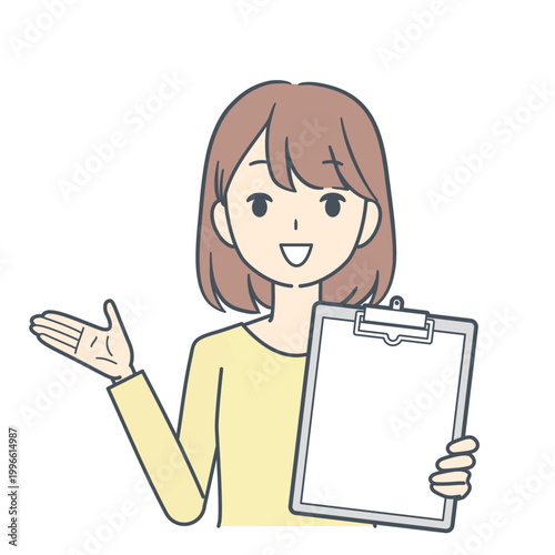 クリップボードを見せて話す黄色い服を着た若い女性のイラスト　上半身