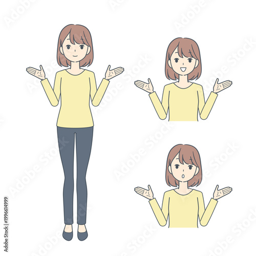 両手を挙げた若い女性のイラスト　セット