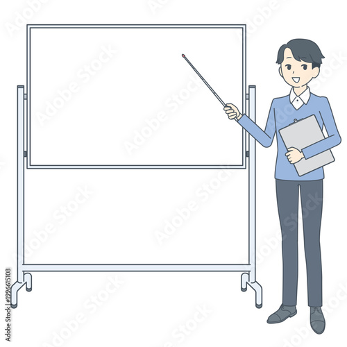 ホワイトボードの前で指示棒を持つ若い男性のイラスト
