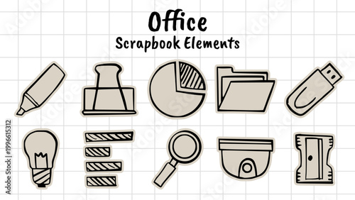 Bilde på lerret office scrapbook collage style, stationery supplies, business icons, workplace d