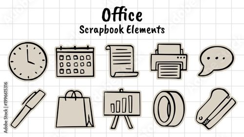 Foto office scrapbook collage style, stationery supplies, workplace icons, business d