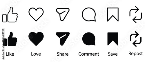 Schilderij op canvas Reels React Buttons, like, love, comment, share, save, repost Icons