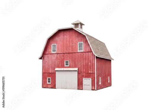 Tableau sur toile A classic vibrant red barn with white trim, a durable shingle roof, and prominent barn doors, perfectly isolated