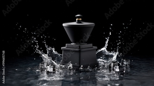 Modern black perfume bottle with water splash on dark background