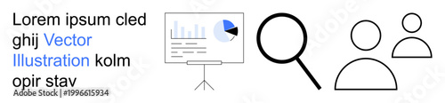Business presentations, teamwork, data search, communication, analytics, identity management. Chart with data, magnifying glass and two people. Business presentations and teamwork imagery