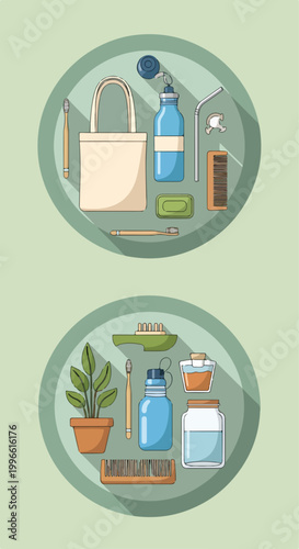 Φωτογραφία Two green circles contain bathroom essentials