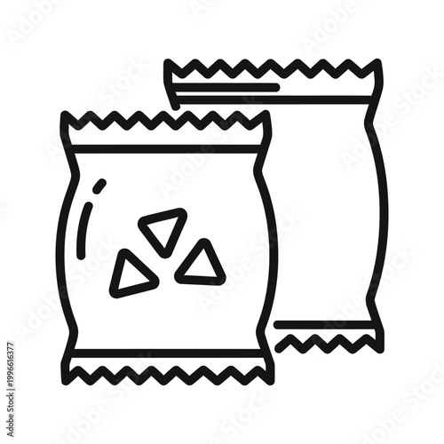 black line drawing of two snack bags with triangular chips isolated on transparent background