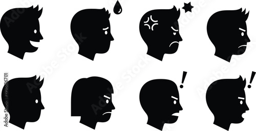 Angry Men Silhouettes with Emotions on White Background