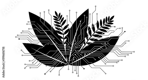 Biotechnology Concept: Digital Lotus Flower with Circuit Board Elements