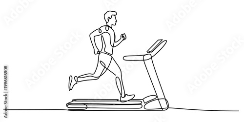 Continuous single line drawing of a young man running on a treadmill for cardio exercise at the gym for healthy lifestyle and fitness Vector, illustration