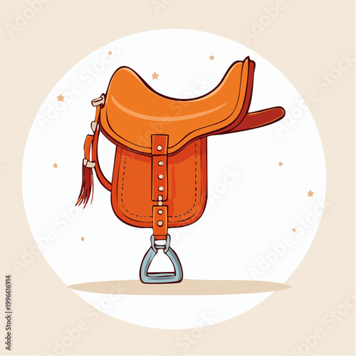 Illustration of an orange horse saddle with stirrup
