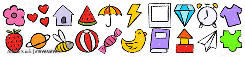 Cute random objects crayon wax doodle style, rough textured hand drawn, childhood stickers set, scrapbook elements, everyday icons, toy life illustrations