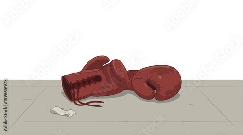 Red boxing gloves rest on a pale gym floor after training, with a small white bone shaped object nearby