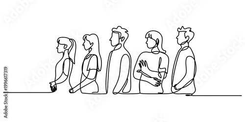 Continuous one line drawing of a group of diverse young people standing in a line as a team waiting for something in a casual style Vector, illustration