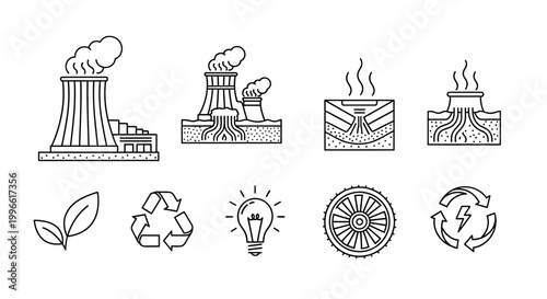 Diverse outline icon collection showcasing various energy sources, industrial power generation, environmental protection, and sustainable technology solutions for a greener future