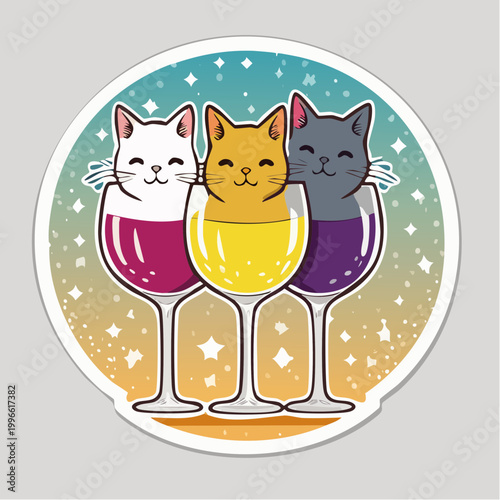 Three Cute Cats in Wine Glasses