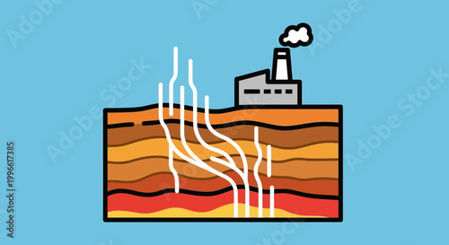 Industrial oil and gas extraction from underground geological layers with crude oil and natural gas flowing to the surface and processed by a factory