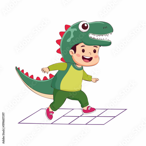 Child in Dinosaur Costume Playing Hopscotch