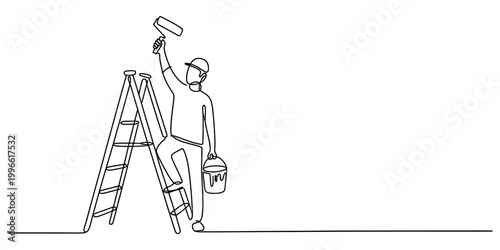 Continuous one line drawing of a male painter standing on a ladder holding a paint roller and a bucket for home renovation project Vector, illustration