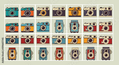 Tableau sur toile A collection of vintage cameras in various colors