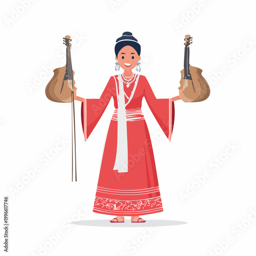 Woman in Traditional Chinese Dress Holding Musical Instruments