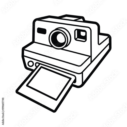 Vintage instant camera with photo emerging retro photography