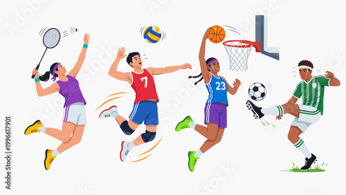 Set of Cartoon Athletes Playing Badminton Volleyball Basketball and Soccer Dynamic Sports Action Flat Vector Design