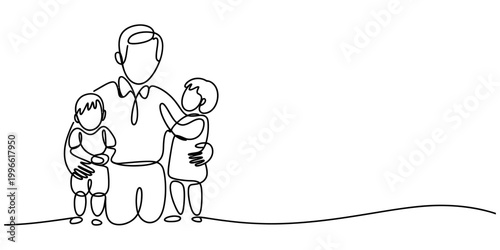 Continuous single line drawing of a father hugging his two young children showing love and family bonding and care for the kids Vector, illustration