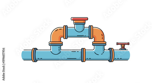 Illustration of a complex plumbing system with pipes and connectors, representing fluid transfer and infrastructure