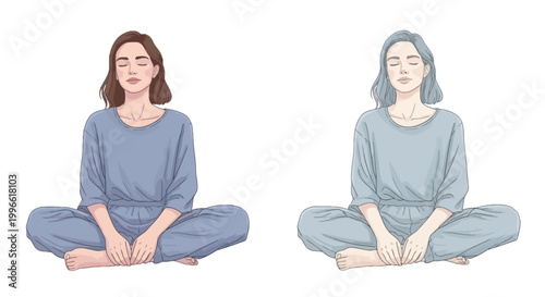 Two Women Sitting in Lotus Pose Meditation with Eyes Closed Calm Expression Flat Vector Illustration