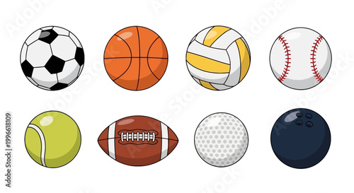 Set of Cartoon Sports Balls Including Soccer Basketball Volleyball Baseball Tennis Football Golf Bowling Flat Design