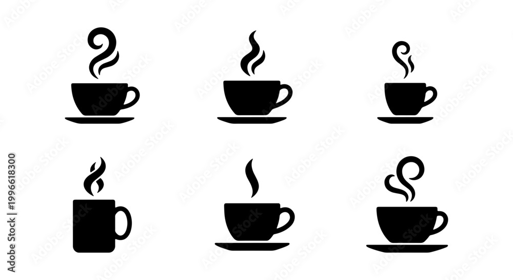 Obraz premium Hot Coffee Cup and Saucer Silhouette Set - Steaming Tea Cup Vector Icons 