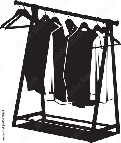 Clothing rack, garment stand, black silhouette, fashion display, apparel organizer