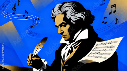 Vibrant illustration of a focused musician writing sheet music with a quill. High contrast blue background with floating musical notes and an artistic, dramatic mood.