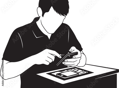 Black and white illustration of a man repairing a smartphone, fixing electronics, technical support, monochrome vector
