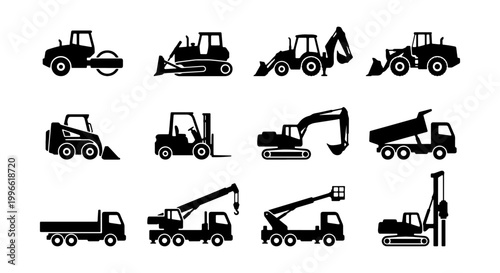 Foto Heavy Construction Vehicles and Machinery Silhouette Set - Industrial Equipment
